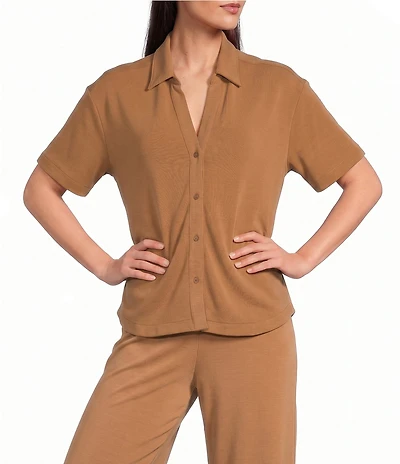 Spanx SPANX® Coordinating Faux Sandwashed Cutaway Collared Drop Shoulder Short Sleeve Knit Button Front Shirt