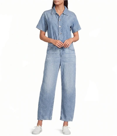 SPANX Denim Collared Short Sleeve Button Front Ankle Length Barrel Leg Jumpsuit
