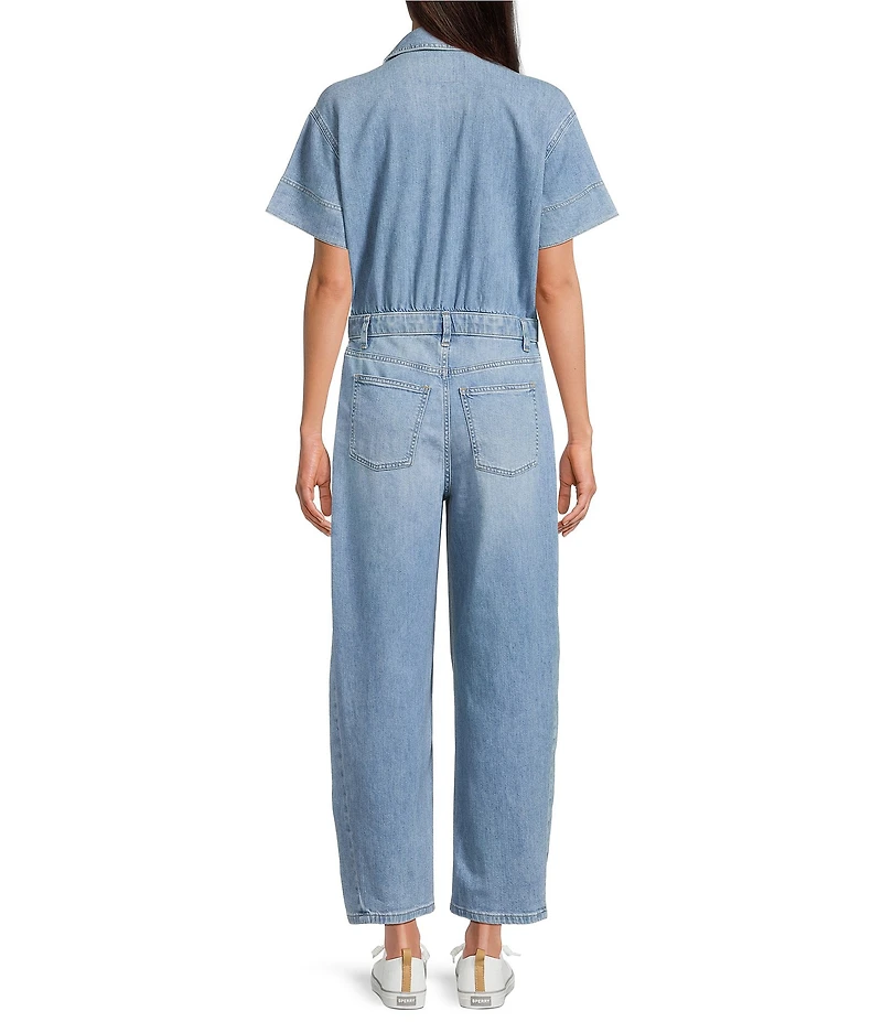 SPANX Denim Collared Short Sleeve Button Front Ankle Length Barrel Leg Jumpsuit