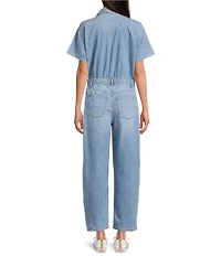 SPANX Denim Collared Short Sleeve Button Front Ankle Length Barrel Leg Jumpsuit
