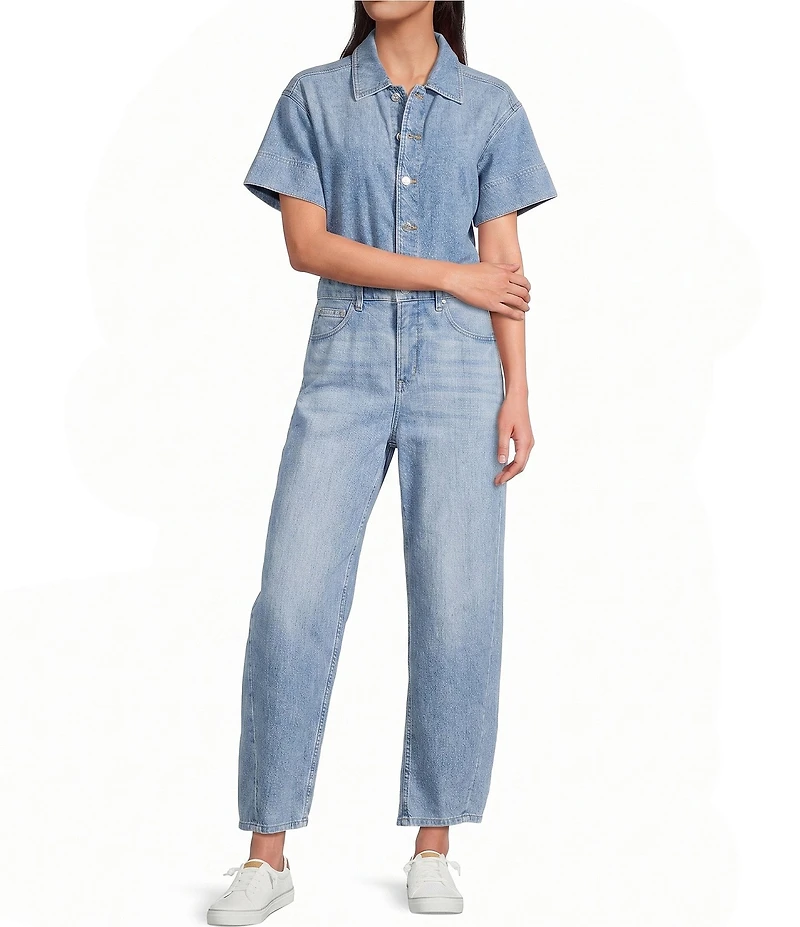 SPANX Denim Collared Short Sleeve Button Front Ankle Length Barrel Leg Jumpsuit