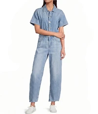 SPANX Denim Collared Short Sleeve Button Front Ankle Length Barrel Leg Jumpsuit
