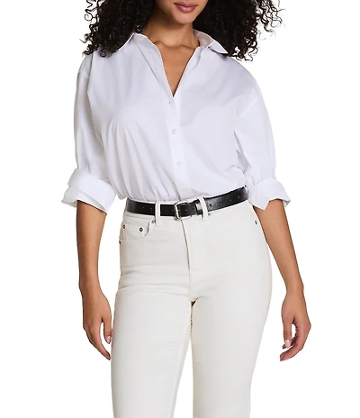 Spanx Woven Long Sleeve Poplin Button Front Top