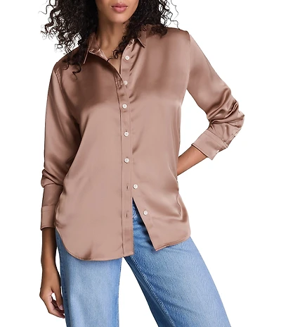 Spanx Woven Point Collar Long Sleeve Button Front Top