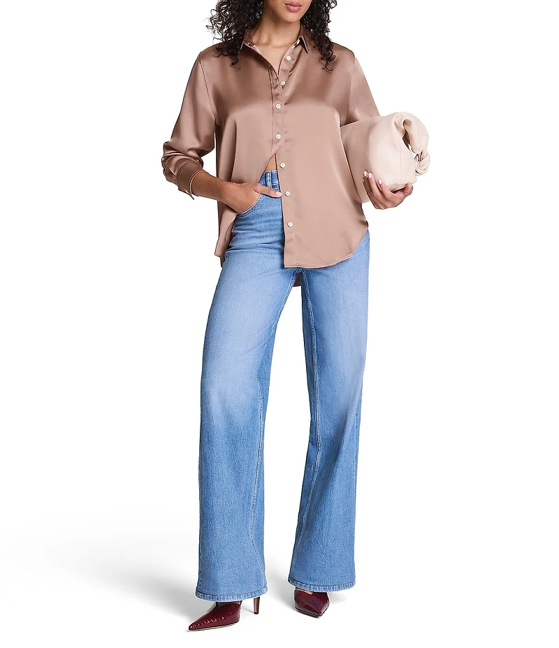 Spanx Woven Point Collar Long Sleeve Button Front Top