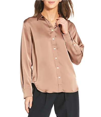 Spanx Woven Point Collar Long Sleeve Button Front Top
