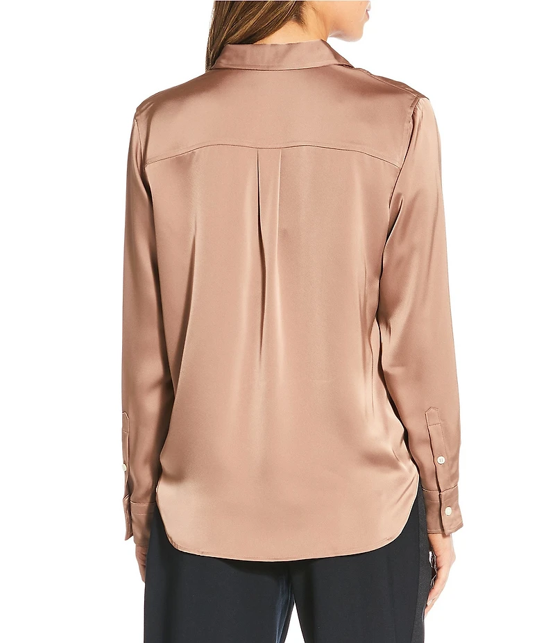 Spanx Woven Point Collar Long Sleeve Button Front Top