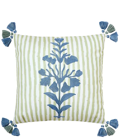 Spartina 449 Hamilton Tasseled Crewel Embroidered Stripe Square Pillow