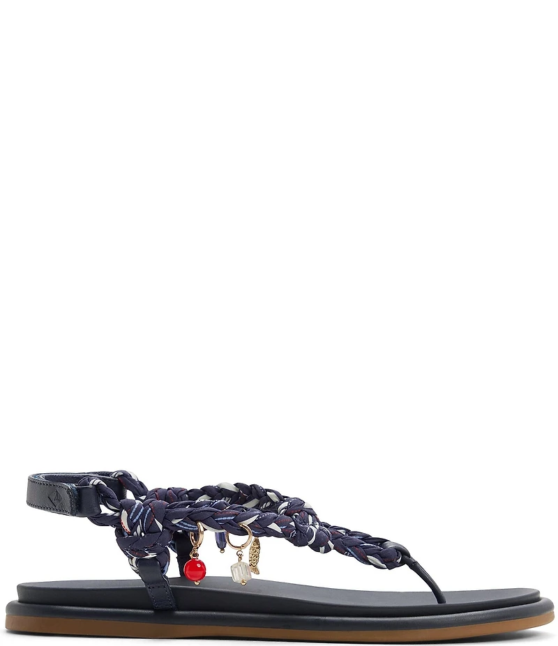 Sperry Isla Nautical Print Rope Charm Ornamented T-Bar Ankle Wrap Sandals