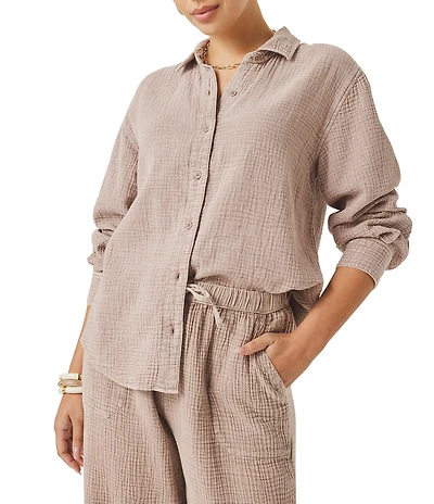 Splendid Adele Point Collar Long Sleeve Button Front Gauze Shirt