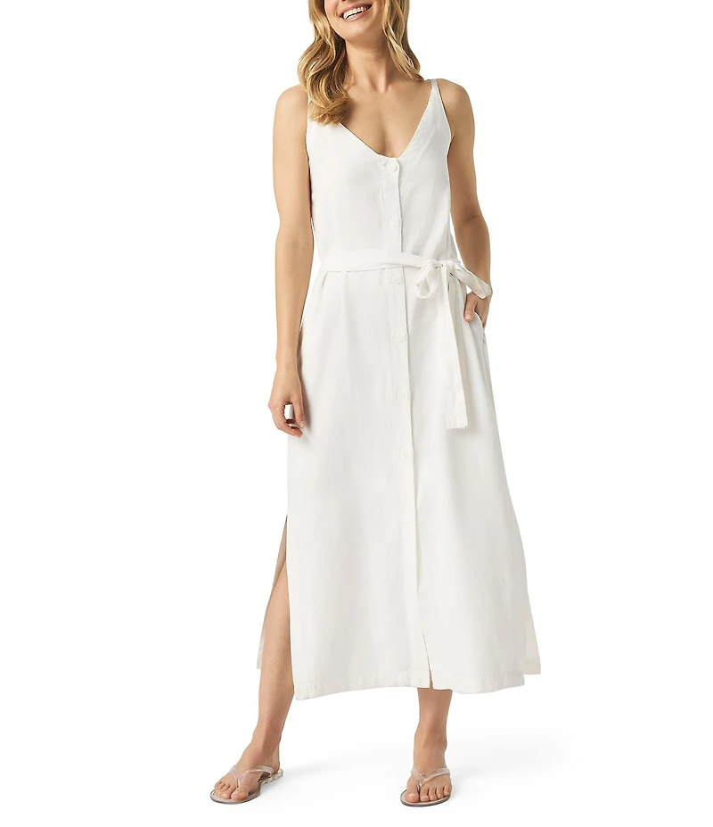 Splendid Amanda Linen Blend Knit V-Neck Sleeveless Belted A-Line Midi Dress