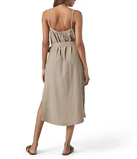 Splendid Amanda Linen Blend Knit V-Neck Sleeveless Belted A-Line Midi Dress