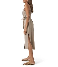 Splendid Amanda Linen Blend Knit V-Neck Sleeveless Belted A-Line Midi Dress