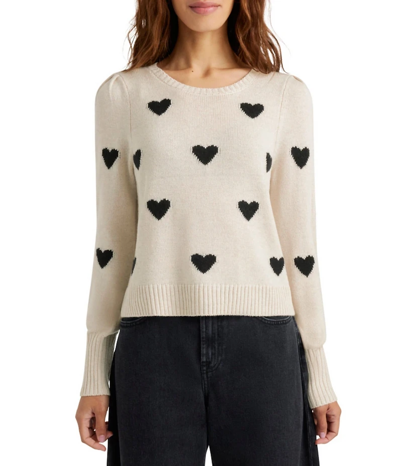 Splendid Anna Wool Blend Heart Pattern Crew Neck Long Sleeve Cropped Sweater