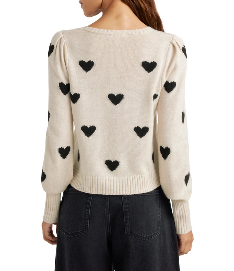 Splendid Anna Wool Blend Heart Pattern Crew Neck Long Sleeve Cropped Sweater