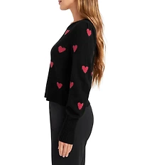 Splendid Anna Wool Blend Heart Pattern Crew Neck Long Sleeve Cropped Sweater