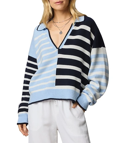 Splendid Arden Stripe V-Neck Long Sleeve Polo Top