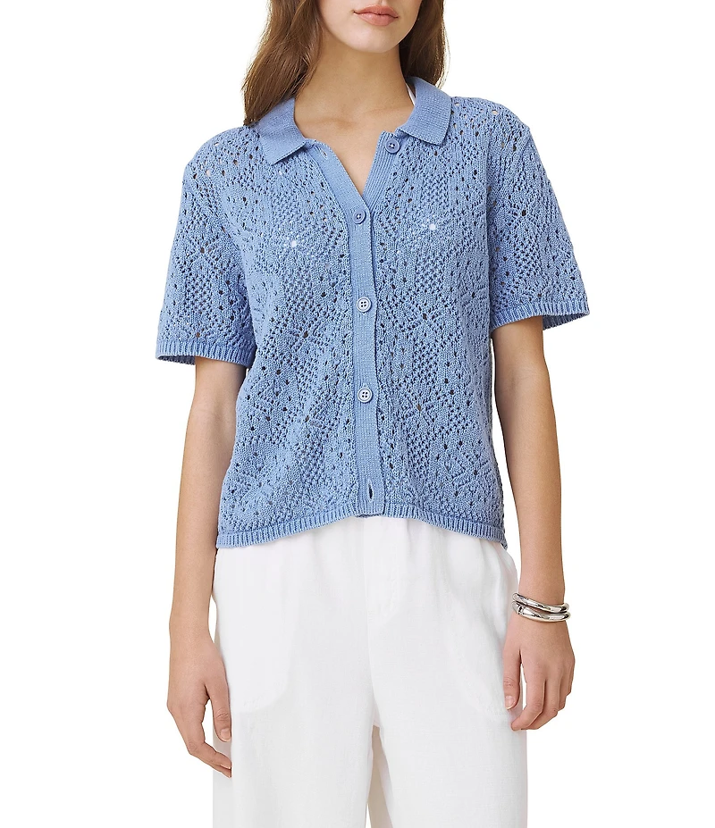 Splendid Beckham Crochet Short Sleeve Polo Top