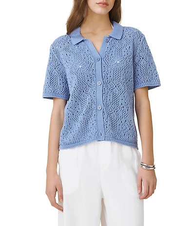 Splendid Beckham Crochet Short Sleeve Polo Top