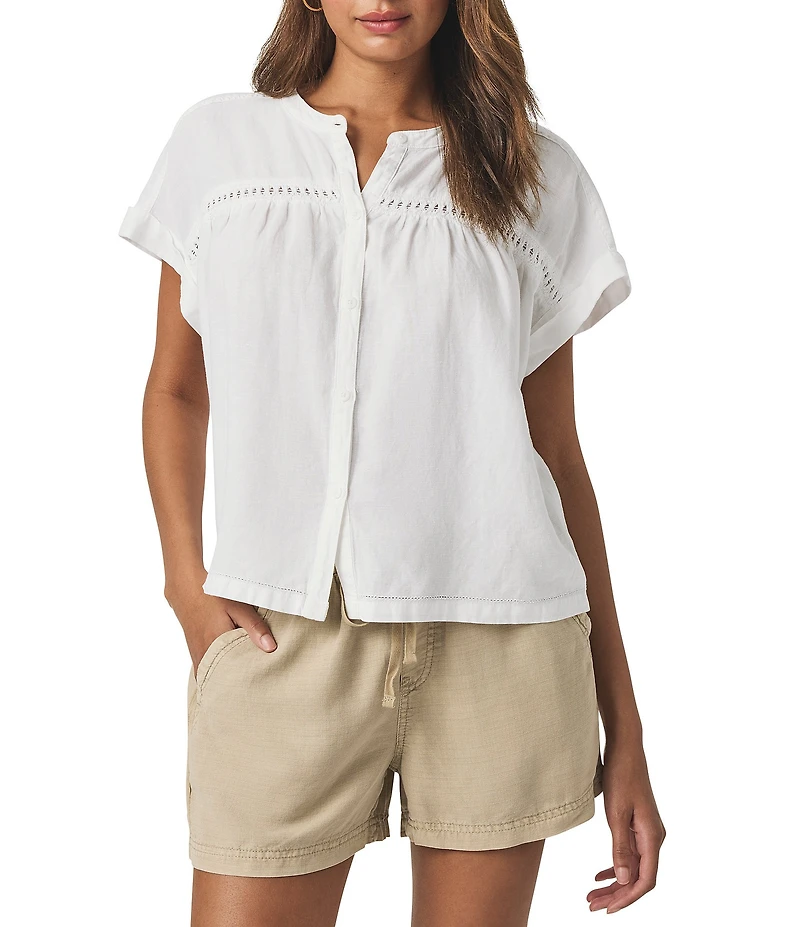 Splendid Catalina Knit Linen Blend Crochet Crew Neck Short Sleeve Blouse
