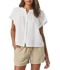 Splendid Catalina Knit Linen Blend Crochet Crew Neck Short Sleeve Blouse