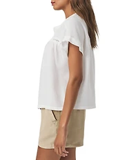 Splendid Catalina Knit Linen Blend Crochet Crew Neck Short Sleeve Blouse
