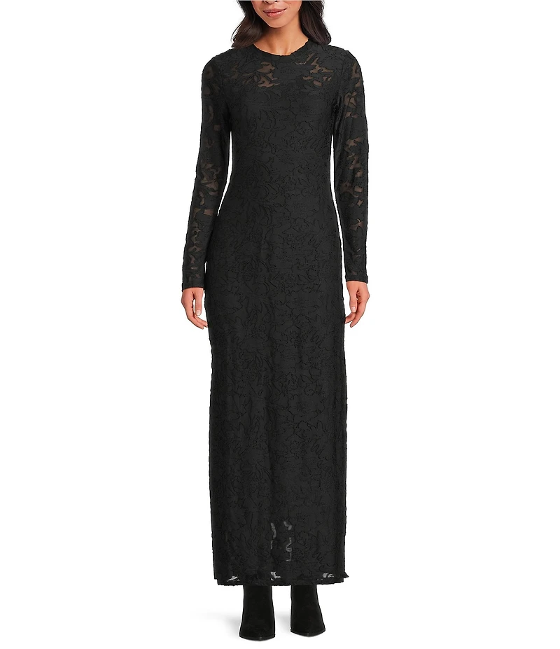 Splendid Cecelia Knit Floral Round Neck Long Sleeve Bodycon Maxi Dress
