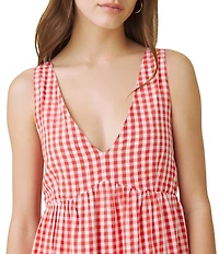 Splendid Checkered V-Neck Sleeveless Tiered Eyelet Mini Dress