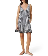 Splendid Checkered V-Neck Sleeveless Tiered Eyelet Mini Dress