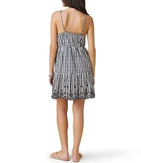 Splendid Checkered V-Neck Sleeveless Tiered Eyelet Mini Dress
