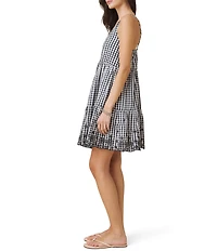 Splendid Checkered V-Neck Sleeveless Tiered Eyelet Mini Dress