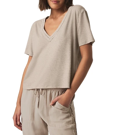 Kacey Crochet Knit V-Neck Short Sleeve Tee Shirt