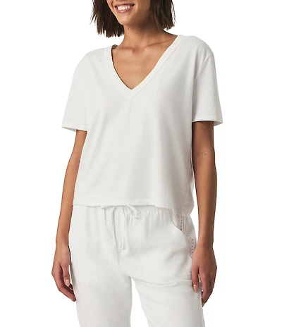 Kacey Crochet Knit V-Neck Short Sleeve Tee Shirt