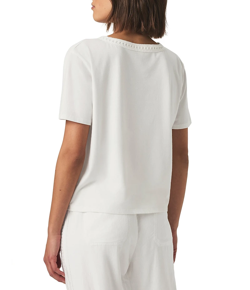 Kacey Crochet Knit V-Neck Short Sleeve Tee Shirt