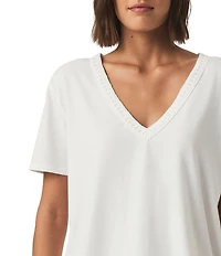 Kacey Crochet Knit V-Neck Short Sleeve Tee Shirt