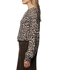 Splendid Delaney Wool Cashmere Blend Knit Leopard Print Crew Neck Long Sleeve Sweater