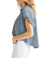 Splendid Gabrielle Crinkle Gingham Collar Neck Short Sleeve Button Front Top