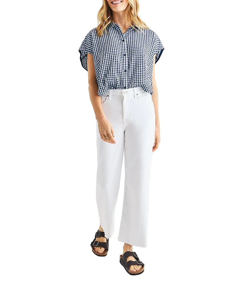 Splendid Gabrielle Crinkle Gingham Collar Neck Short Sleeve Button Front Top