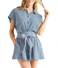 Splendid Gabrielle Crinkle Gingham Collar Neck Short Sleeve Button Front Top