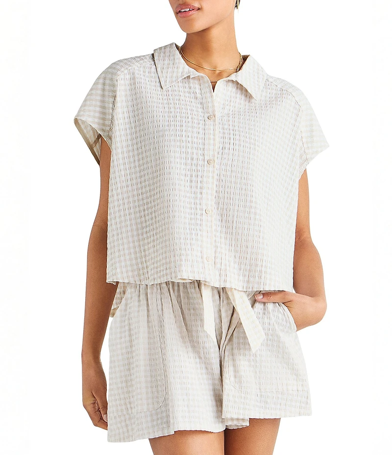 Splendid Gabrielle Crinkle Gingham Collar Neck Short Sleeve Button Front Top