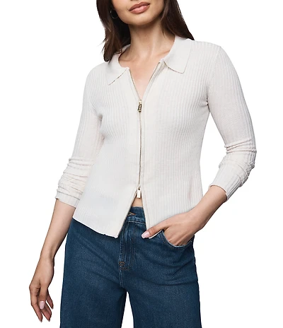 Splendid Geneva Knit Johnny Collar V-Neck Long Sleeve Two Zip Sweater Top