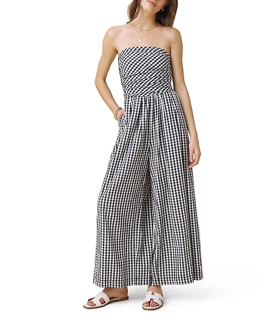 Splendid Gigi Gingham Strapless Flare Crop Jumpsuit