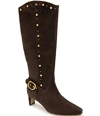 Splendid Jack Studded Suede Buckle Hardware Tall Kitten Heel Boots