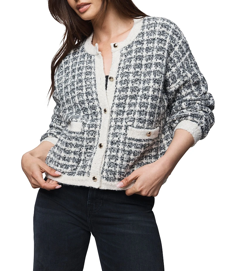 Splendid Lisette Textured Knit Plaid Round Neck Long Sleeve Cropped Cardigan
