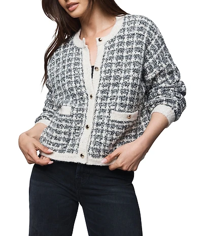Splendid Lisette Textured Knit Plaid Round Neck Long Sleeve Cropped Cardigan