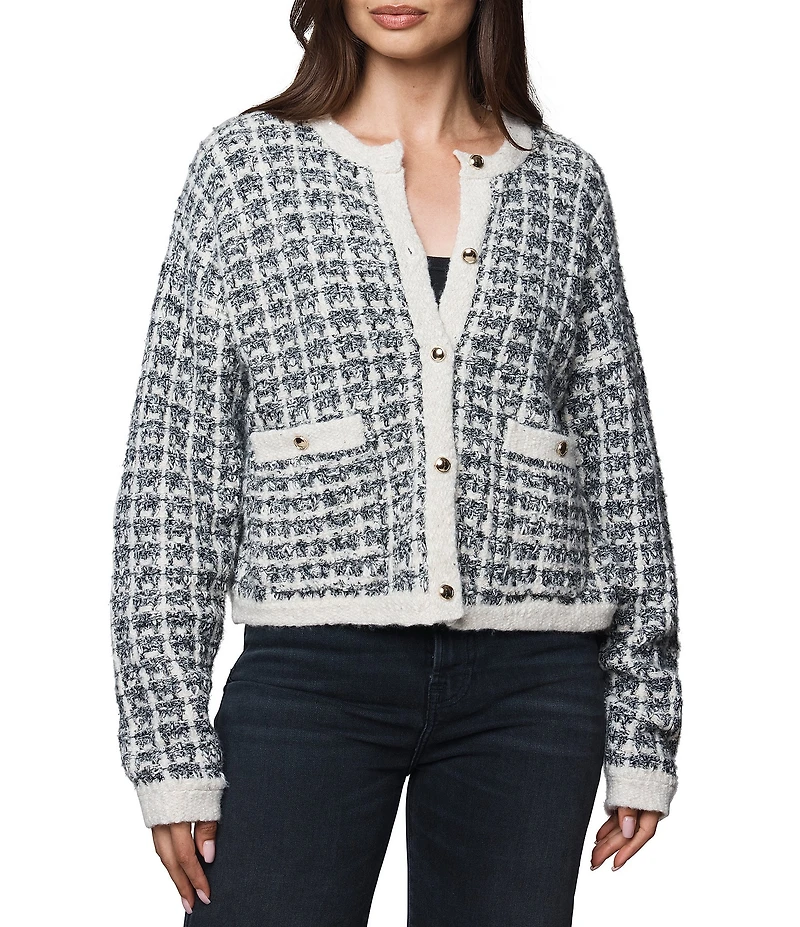 Splendid Lisette Textured Knit Plaid Round Neck Long Sleeve Cropped Cardigan