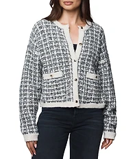 Splendid Lisette Textured Knit Plaid Round Neck Long Sleeve Cropped Cardigan