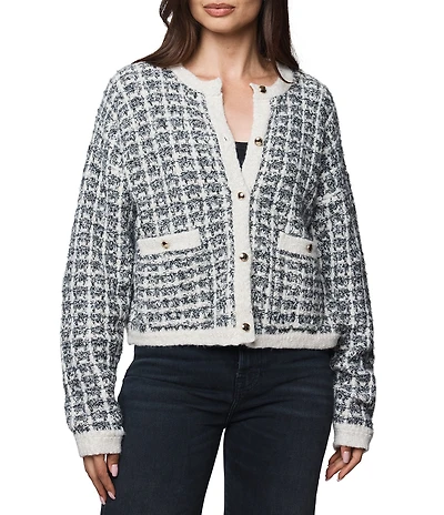 Splendid Lisette Textured Knit Plaid Round Neck Long Sleeve Cropped Cardigan