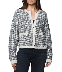 Splendid Lisette Textured Knit Plaid Round Neck Long Sleeve Cropped Cardigan