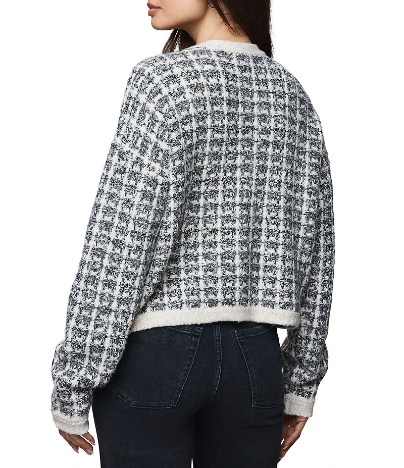 Splendid Lisette Textured Knit Plaid Round Neck Long Sleeve Cropped Cardigan